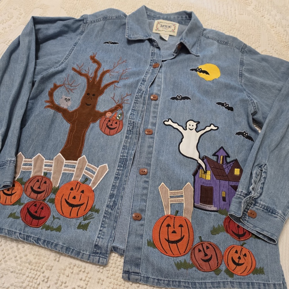 Tantrums Denim Shirt Jacket Womens Large Vintage 90s Halloween Ghosts Pumpkin